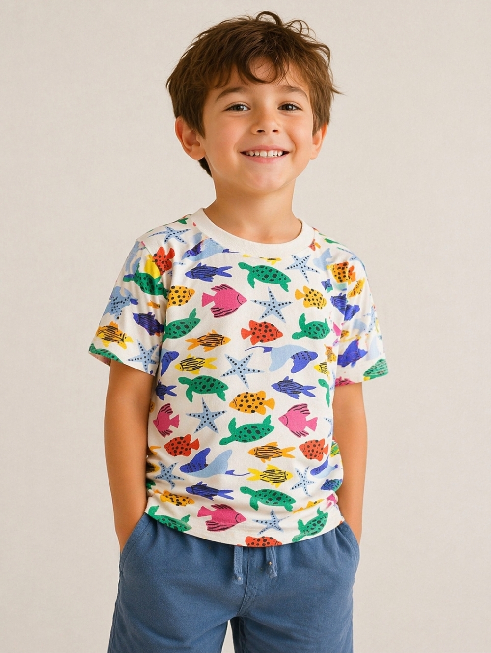 HANNA ANDERSSON Tee Kids Size 6-7 White Multicolor Fish Beach Preppy Vacation